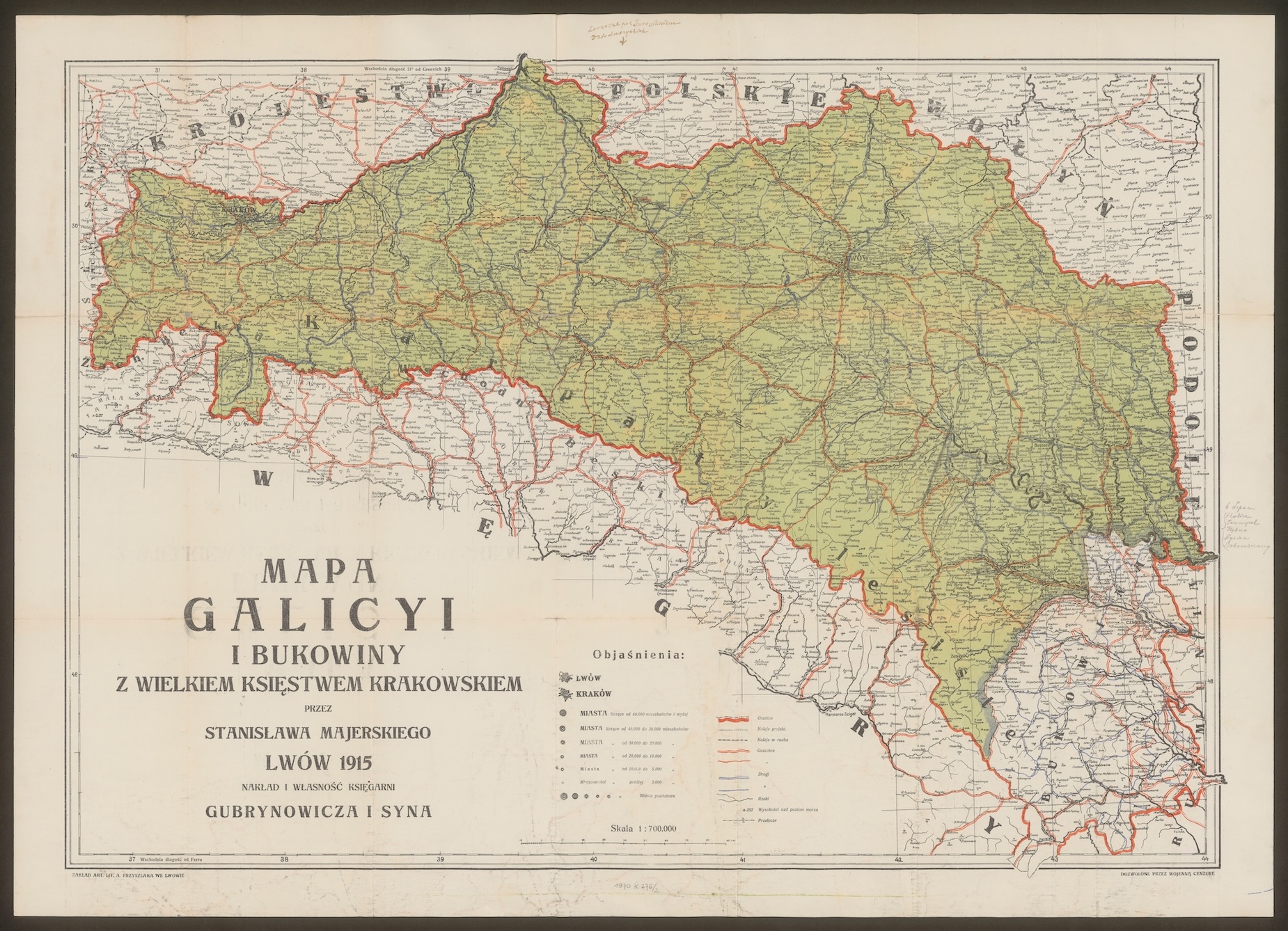 Mapa Galicyi i Bukowiny (1915) showing the historical extent of Galicia and Bukovina